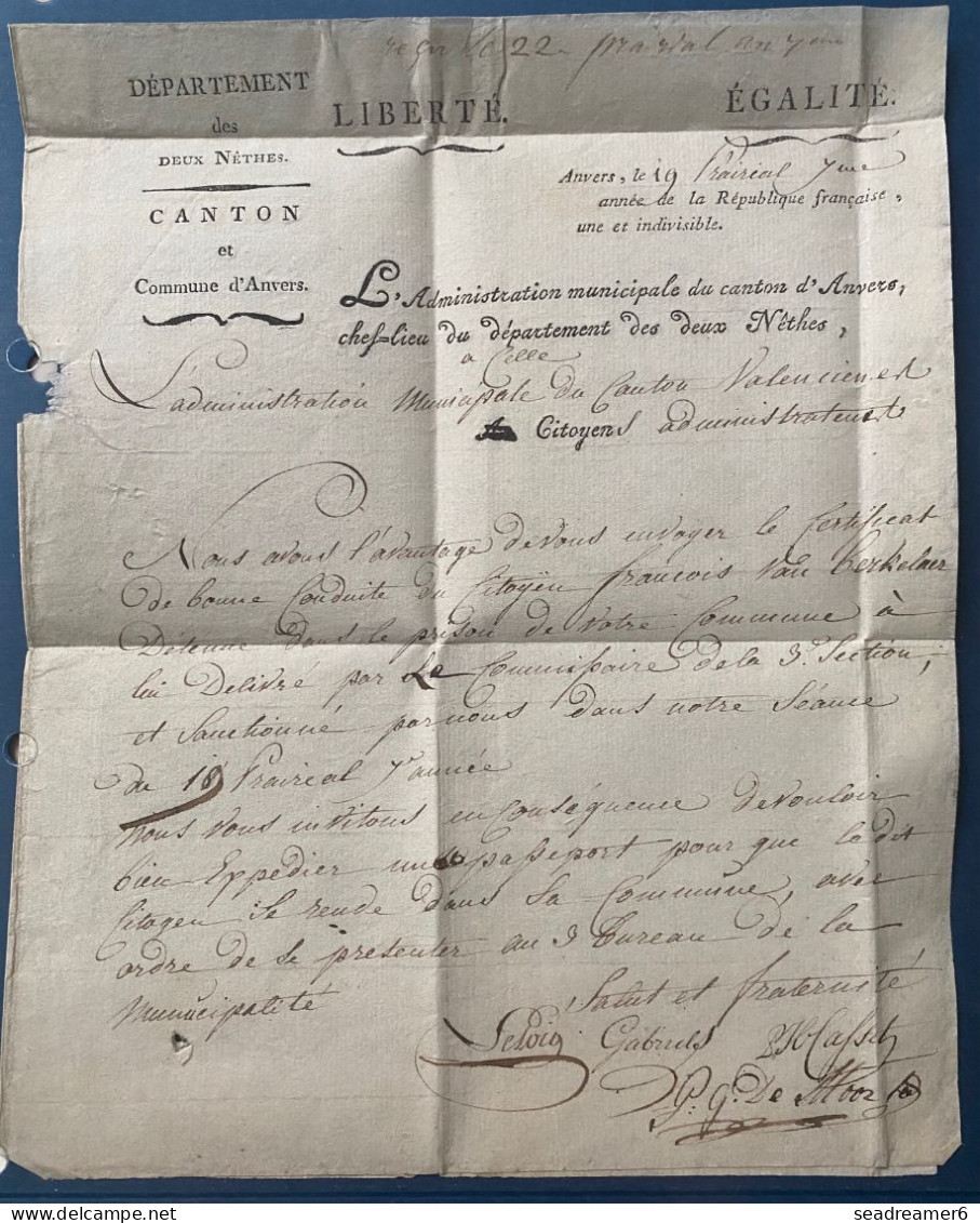 LETTRE à Entete 7 JUIN 1799 Marque " 93 /ANVERS " Pour Valenciennes Au Dos Grand Cachet  De MAIRIE TTB - 1794-1814 (Französische Besatzung)