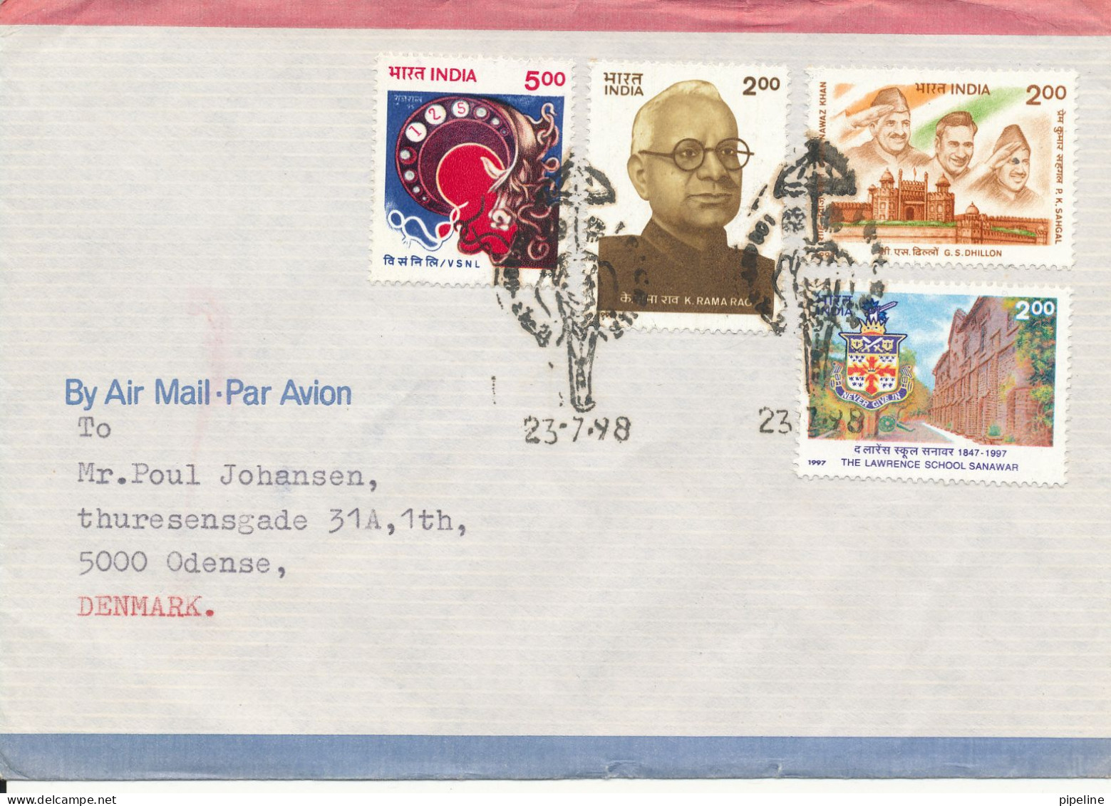 India Air Mail Cover Sent To Denmark 23-7-1998 Topic Stamps - Poste Aérienne