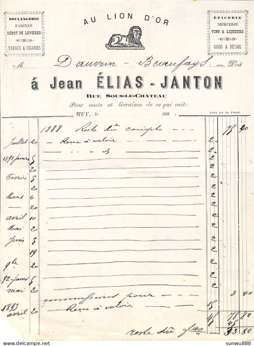 Huy - Au Lion D'Or Boulangerie Farines Tabacs & Cigares Jean Elias Janton 1888 - Rue Sous-le-Château - 1800 – 1899