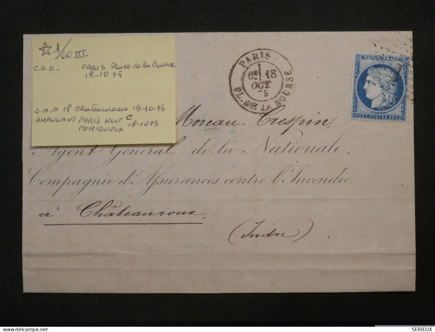 DC0  FRANCE  TRES BELLE LETTRE   1875 ETOILE DE PARIS N°1  A CHATEAUROUX  +CERES N°60    +AFF. INTERESSANT + - 1849-1876: Période Classique