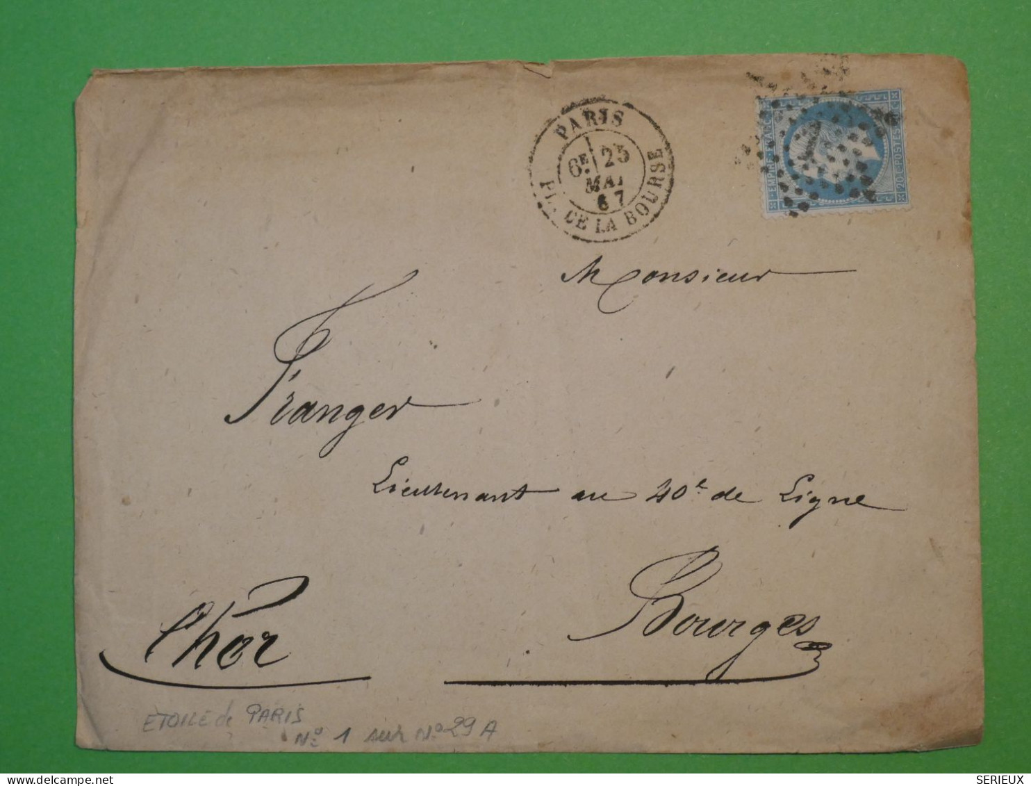 DC0  FRANCE BELLE  LETTRE 1867 ETOILE DE PARIS N°1 BOURSE A BOURGES +NAPOLEON N°22 ++AFF. INTERESSANT++ - 1849-1876: Période Classique