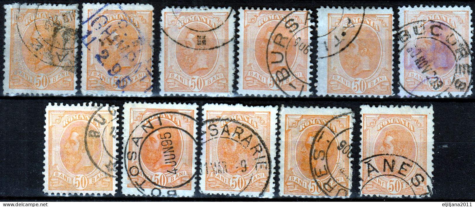 ⁕ Romania 1893 - 1900 Rumänien ⁕ Prince Karl I / King Carol I. 50 Bani Mi.107, 140 ⁕ 21v Used / Shades - Usado