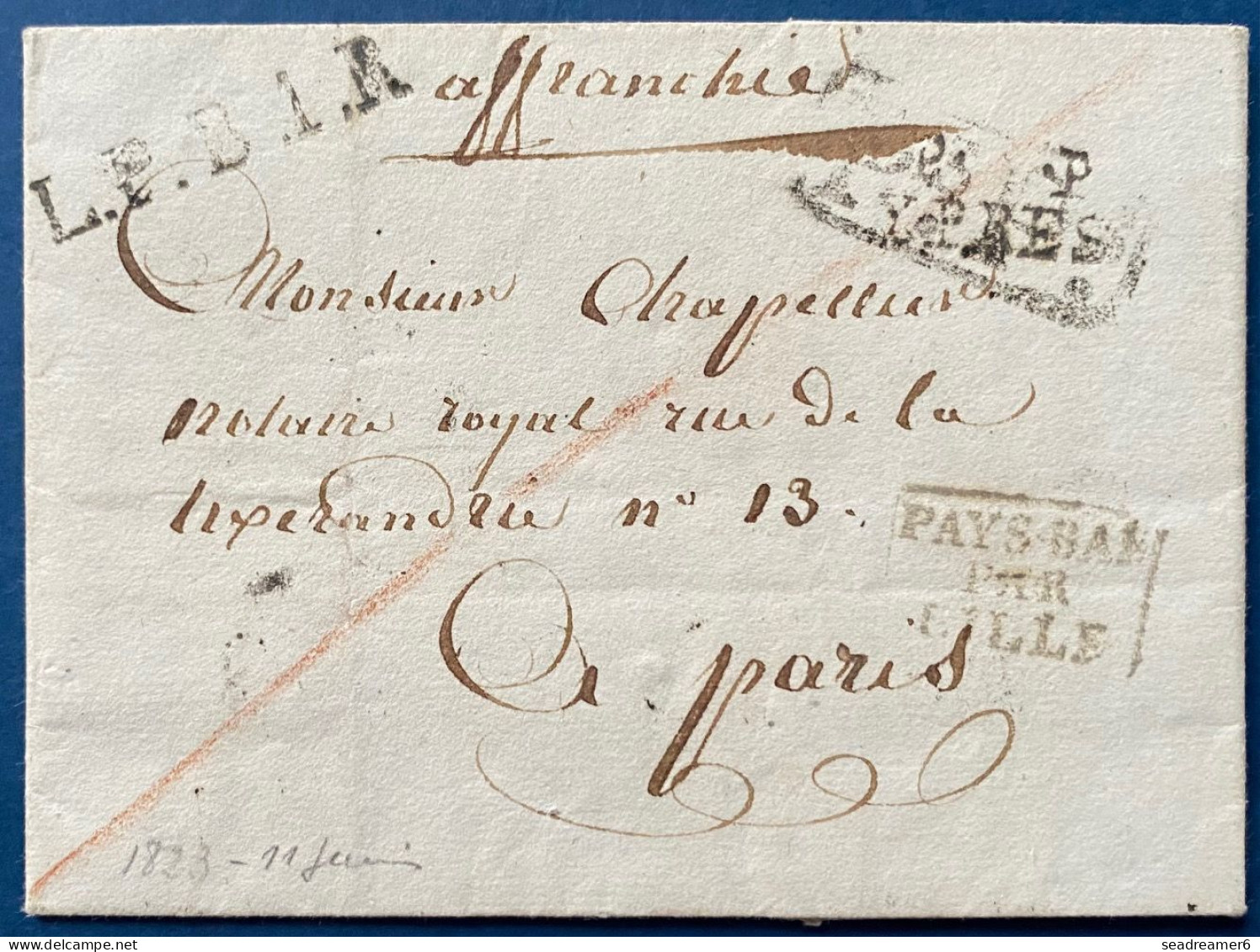 LETTRE 11 JUIN 1823 Marque "P. .P / YPRES " (Ht N°34a Indice 18) Pour PARIS + Griffe LPB1R + PAYS BAS PAR LILLE TTB - 1815-1830 (Periodo Holandes)