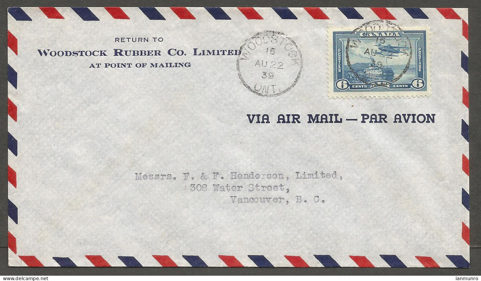 1939 Woodstock Rubber Co Corner Card Cover 6c Airmail #C6 CDS Woodstock Ontario - Histoire Postale