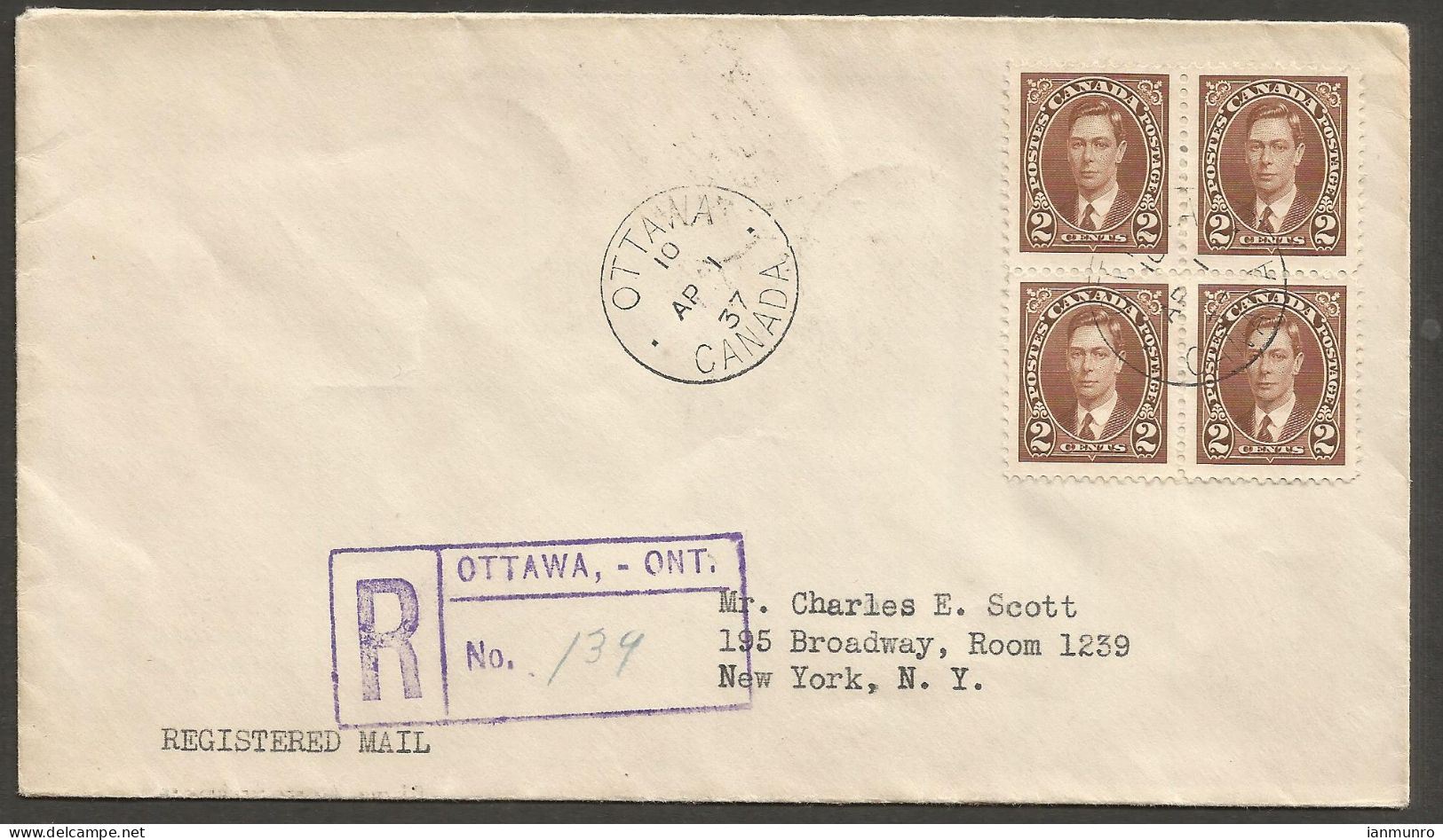 1937 FDC First Day Cover Registered 2c Mufti Block #232 CDS Ottawa Ontario - Postal History