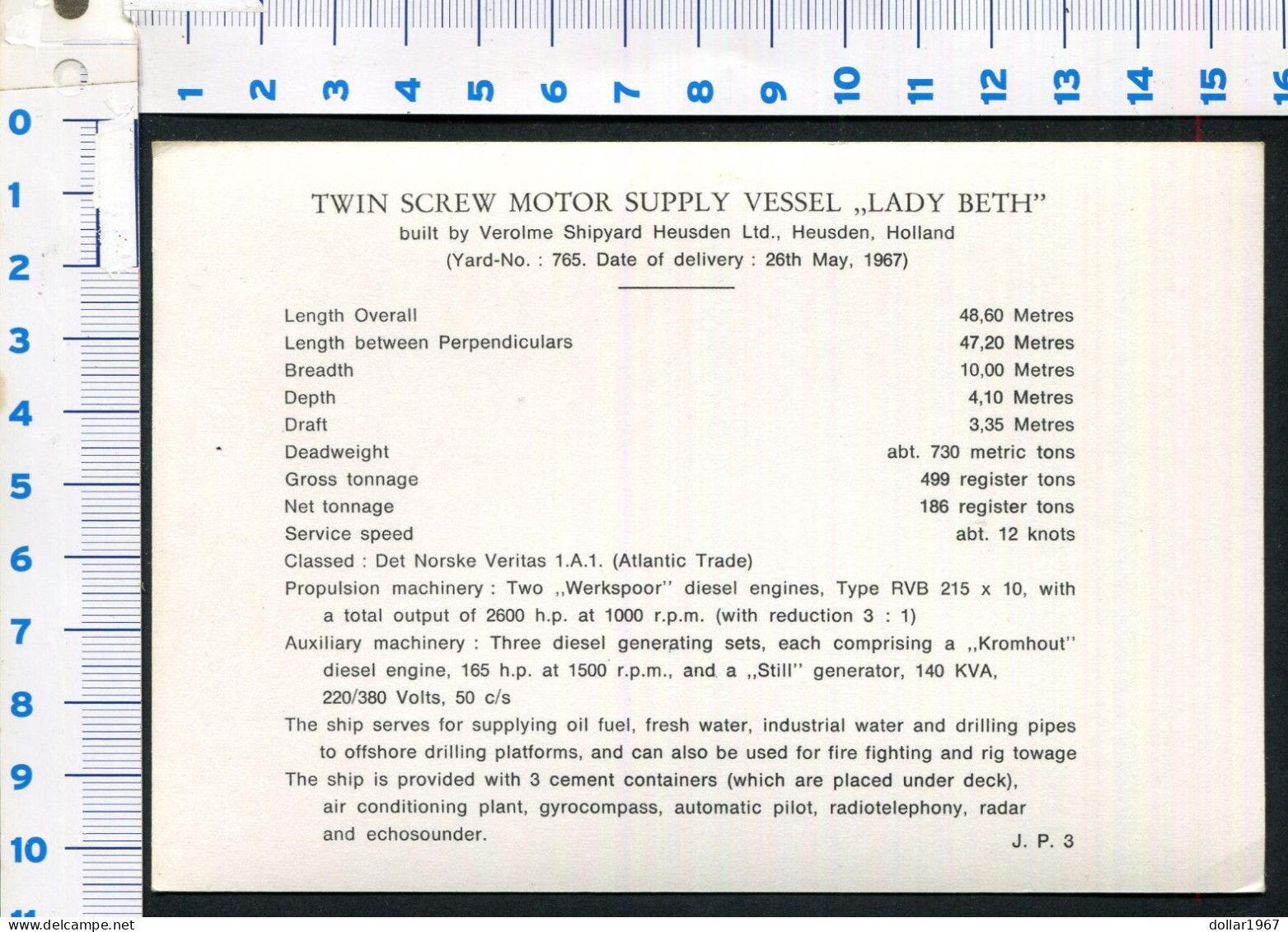 Twin Screw Motor Supply " Vessel Beth  "  Heusen Holland 1967  - Not  Used  -  2 Scans For Originalscan !! - Tugboats