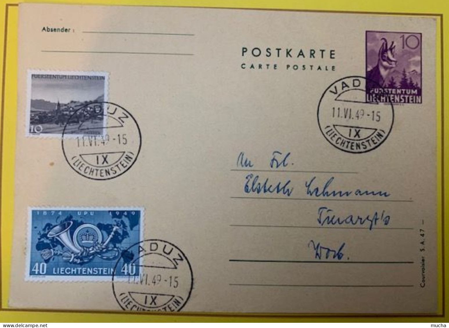 20024 - Entier Postal Vaduz 11.06.1949 + Timbre UPU No ZST 227 - Entiers Postaux