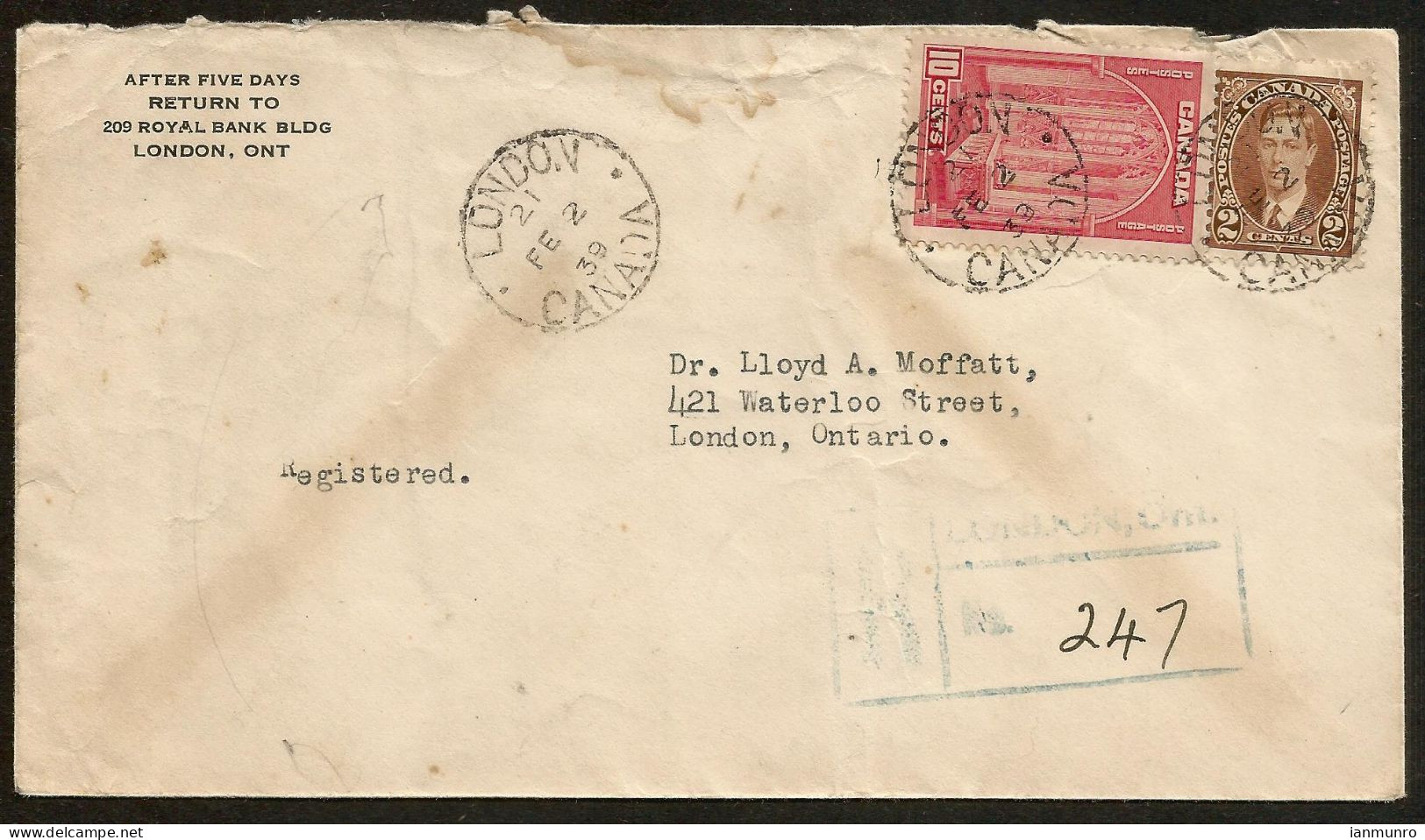 1939 Bank Corner Card Registered Cover 12c Mufti CDS London Ontario Local - Histoire Postale