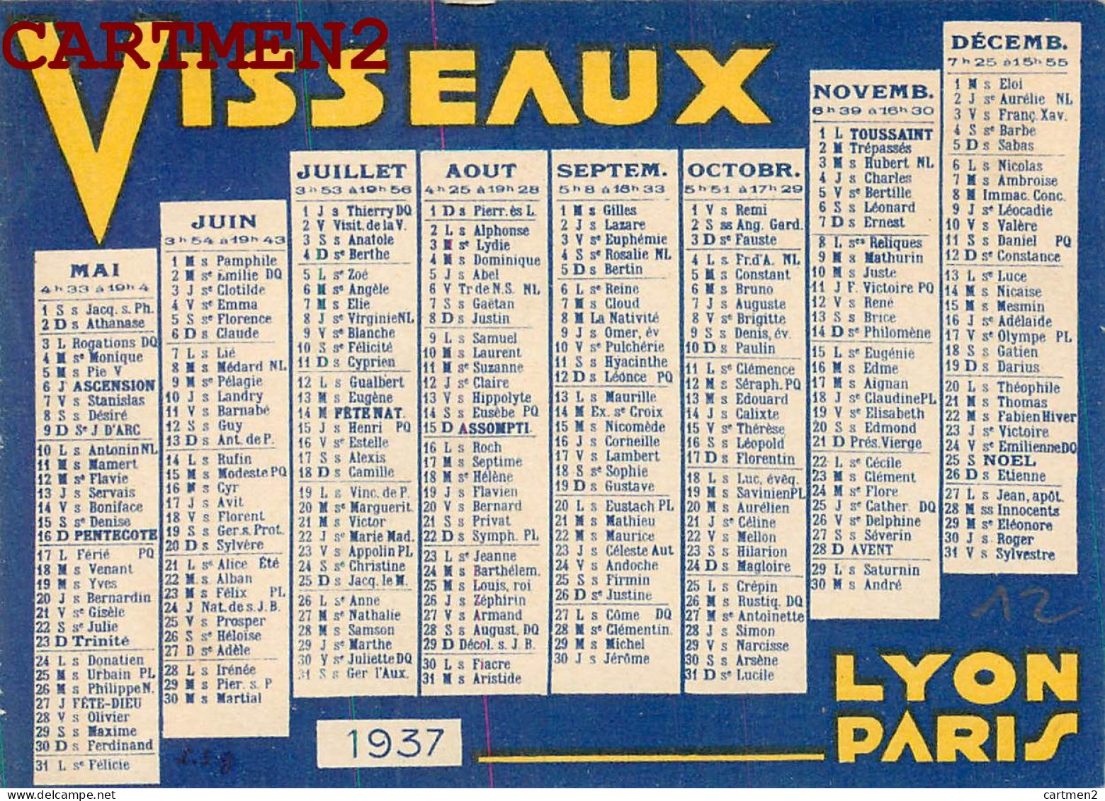 CALENDRIER AMPOULES VISSEAUX LYON PARIS 1937 ART DECO 11 X 8 CM - Tamaño Grande : 1921-40