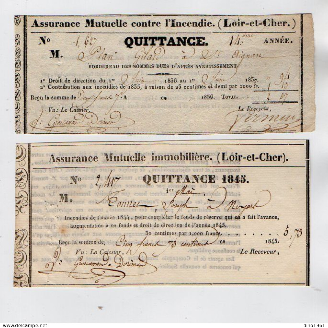 VP22.838 - NOYERS X SAINT AIGNAN 1837 / 1845 - 2 Quittance - Assurance Mutuelle Contre L'Incendie ( Loir - Et - Cher ) - Bank & Insurance