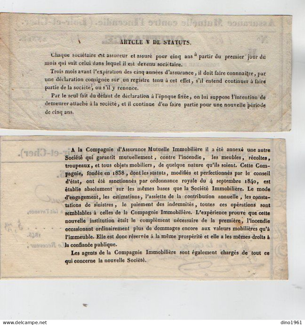 VP22.838 - NOYERS X SAINT AIGNAN 1837 / 1845 - 2 Quittance - Assurance Mutuelle Contre L'Incendie ( Loir - Et - Cher ) - Banque & Assurance