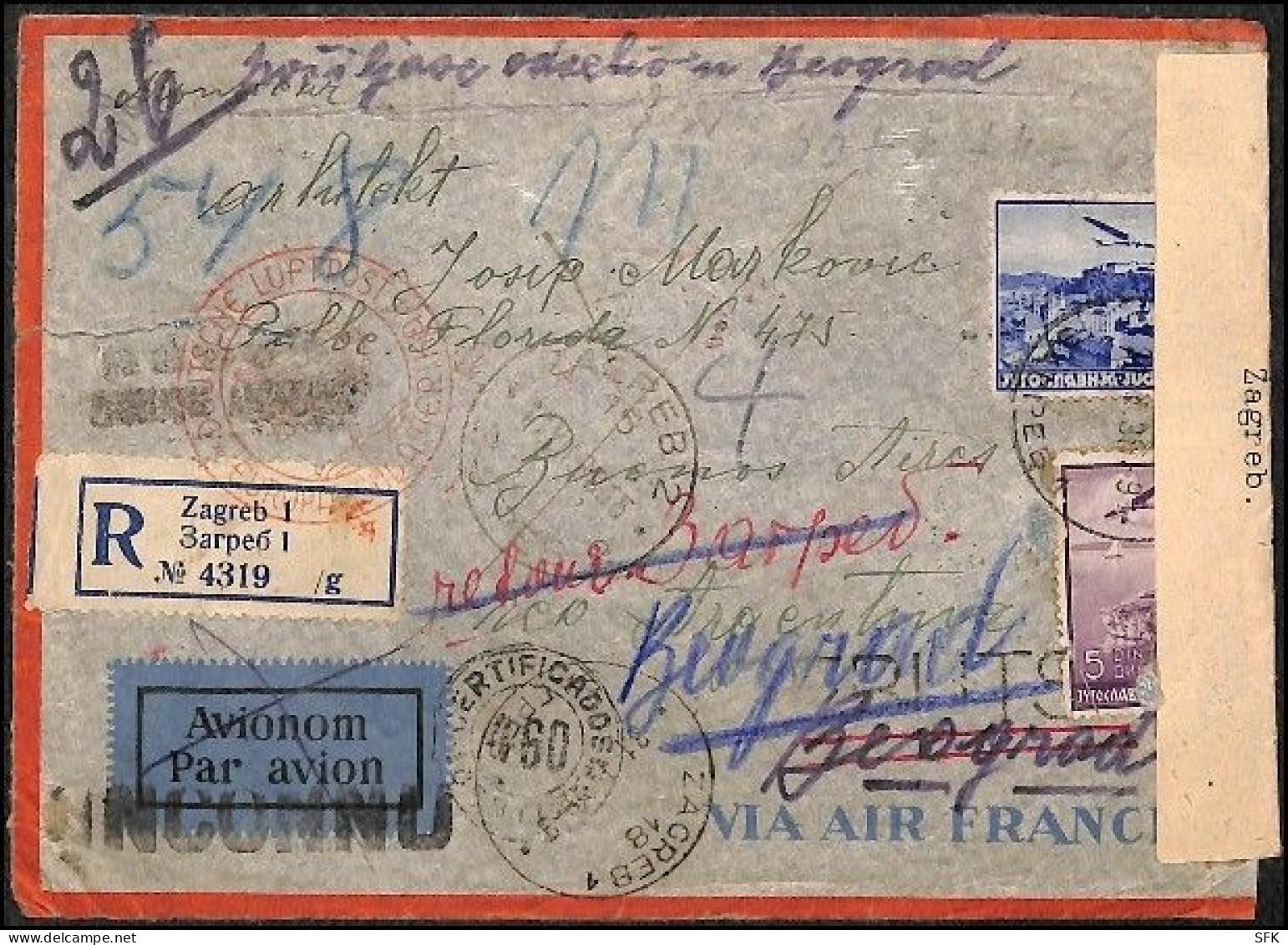 1938 SEAPLANE FLIGHT WITH YUGOSLAV POSTAGE: Registered Letter: Zagreb - Buenos Aires, - Poste Aérienne