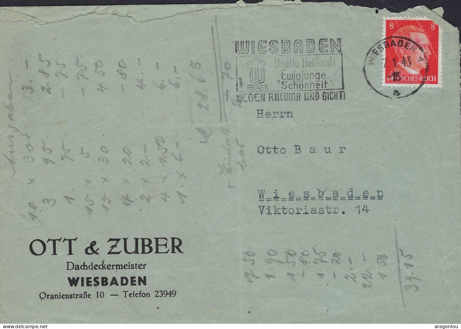 Luxembourg - Luxembourg - Brief  1943  -  OTT & ZUBER - DACHDECKERMEISTER , WIESBADEN - 1940-1944 Ocupación Alemana