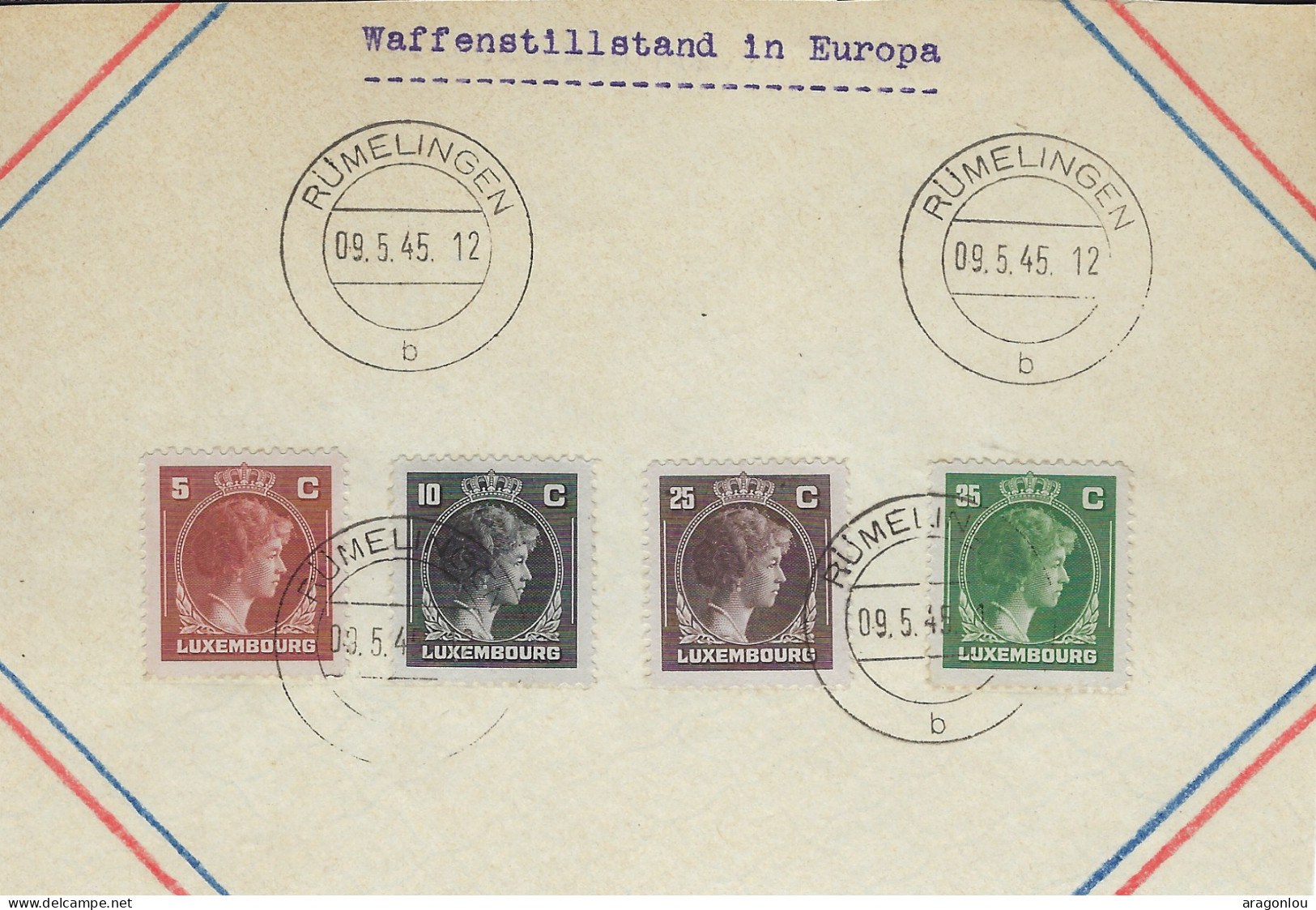 Luxembourg - Luxembourg - Vorderbrief  1945  -  WAFFENSTILLSTAND IN EUROPA  -  Cachet Rümelingen - 1940-1944 Deutsche Besatzung