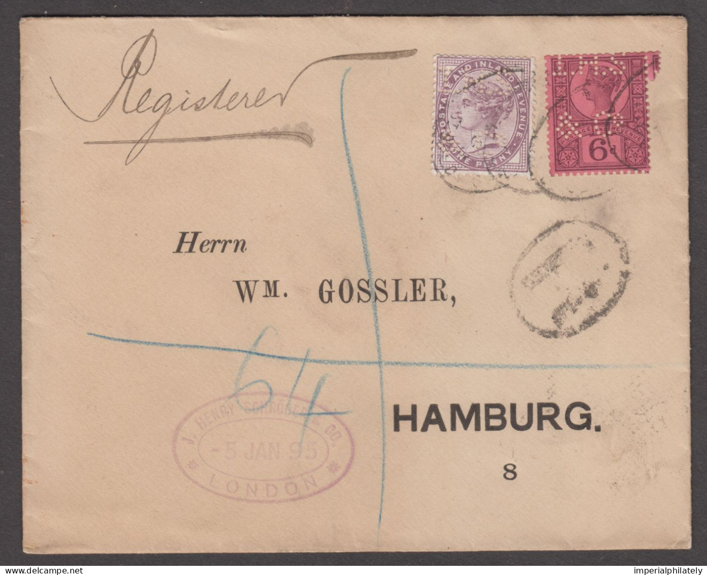 1895 Envelope Sent Registered To Germany With 1881 1d Lilac Die II And 1887 6d Jubilee With "J.H.S. / & Co" Perfins - Brieven En Documenten