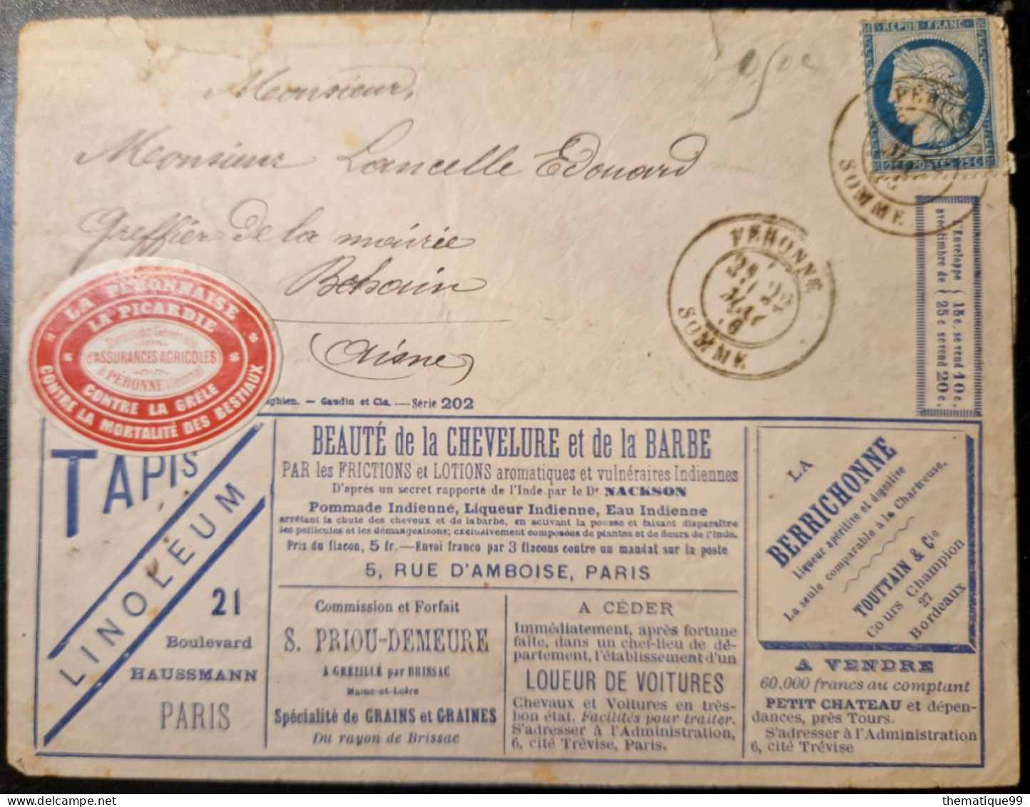Lettre Avec Publicités Précurseur Vendue à Tarif Réduit (1876) : Barbe Graine Voiture Cheval Vin Grêle Oignon Fraise - Wijn & Sterke Drank