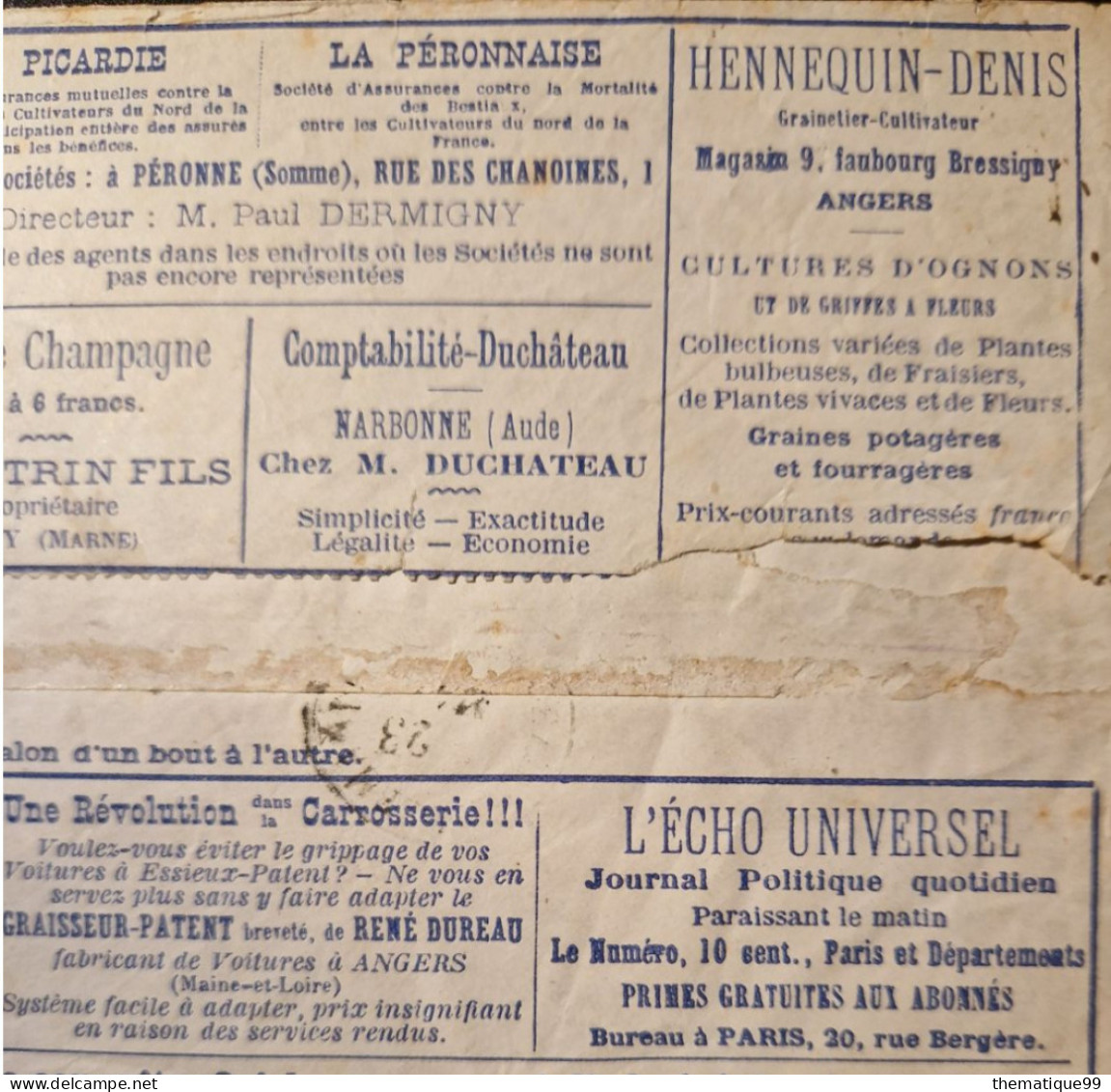 Lettre avec publicités précurseur vendue à tarif réduit (1876) : barbe graine voiture cheval vin grêle oignon fraise