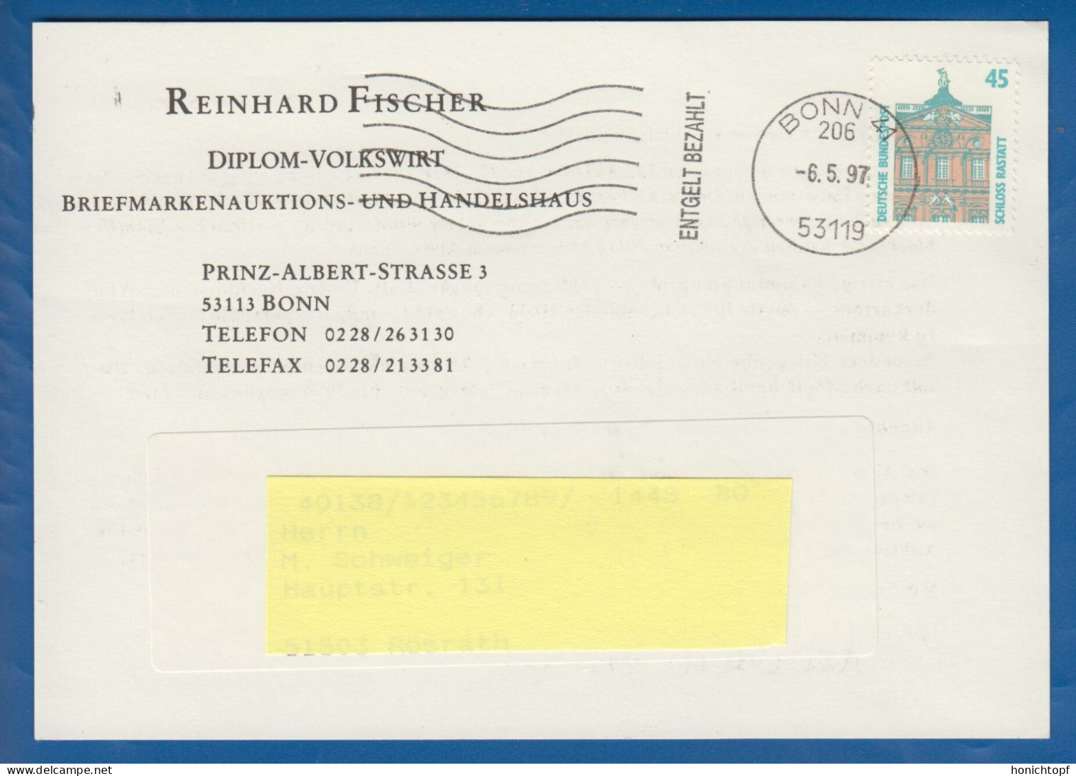 Deutschland; BRD; Postkarte; 45 Pf Schloss Rastatt; Bonn 1997 - Cartoline - Usati