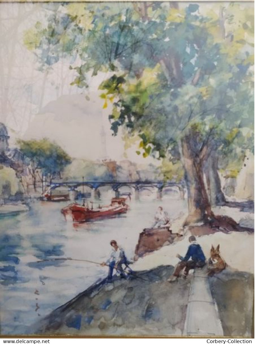 Tableau Aquarelle Paris Bord De Seine Animée Ca1960 - Aquarelles