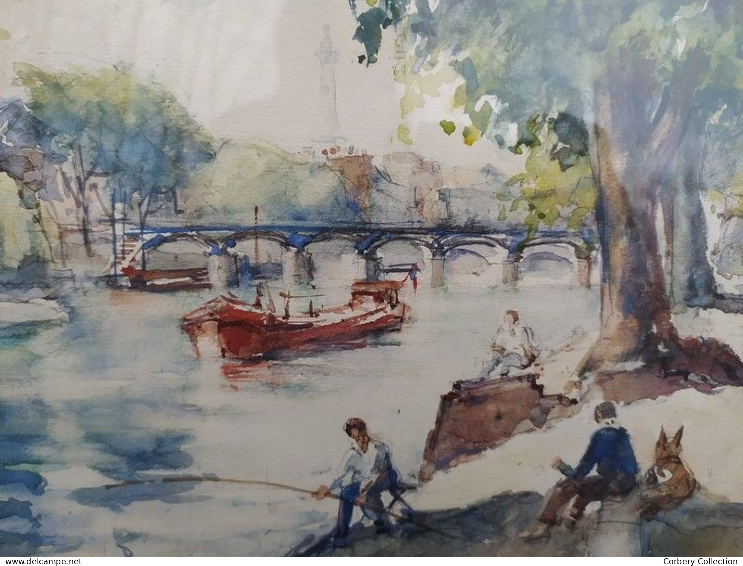 Tableau Aquarelle Paris Bord De Seine Animée Ca1960 - Aquarelles