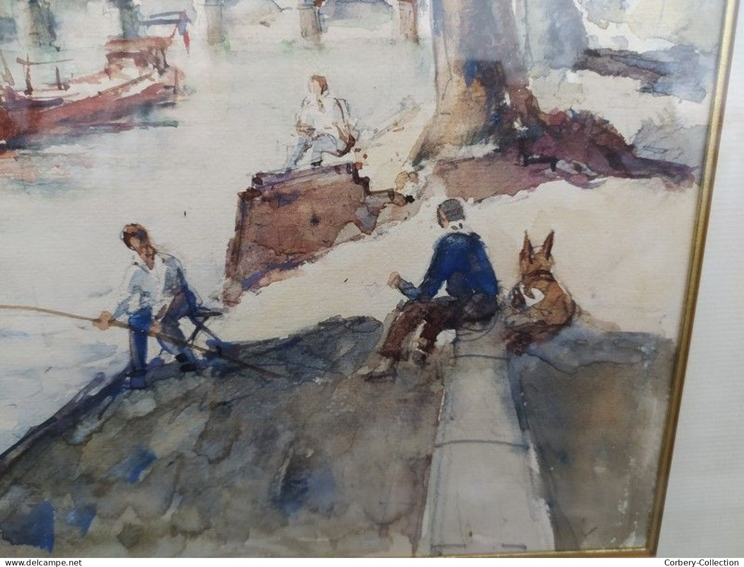 Tableau Aquarelle Paris Bord De Seine Animée Ca1960 - Aquarelles