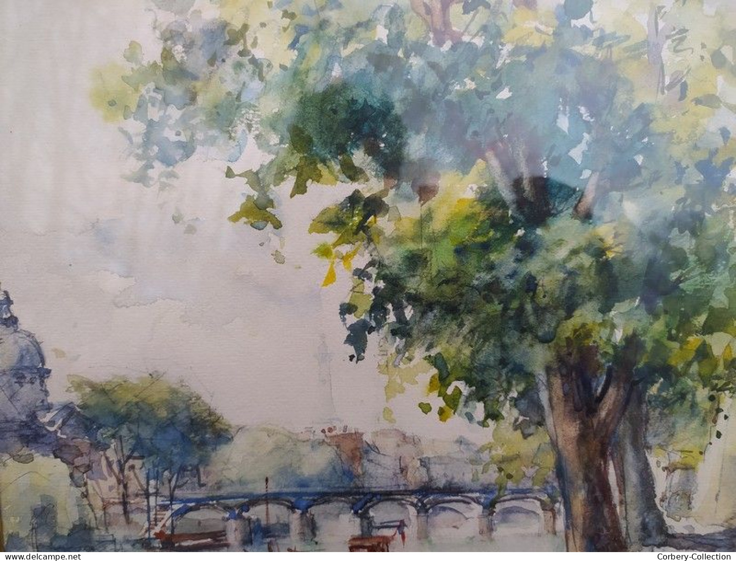 Tableau Aquarelle Paris Bord De Seine Animée Ca1960 - Aquarelles