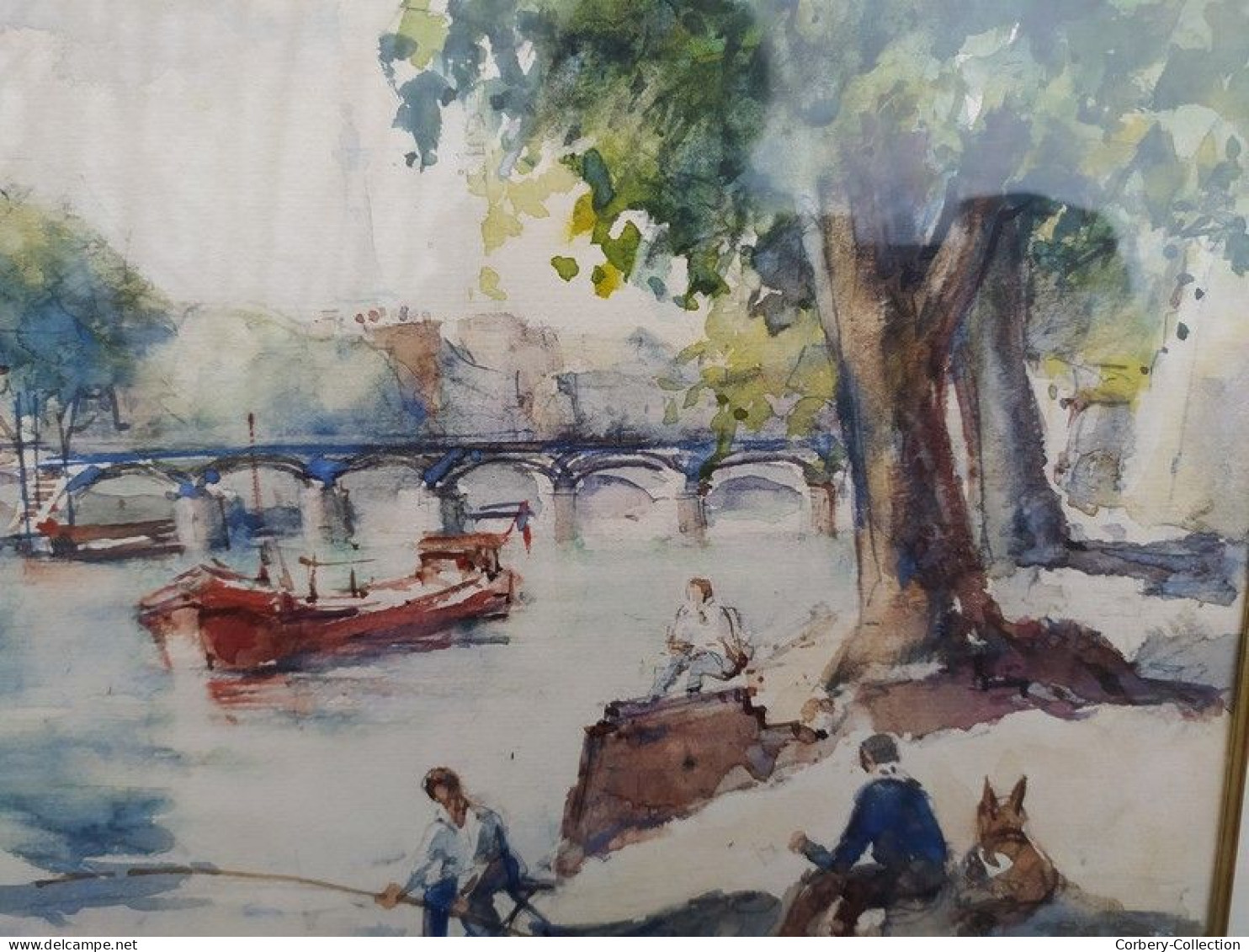 Tableau Aquarelle Paris Bord de Seine Animée ca1960