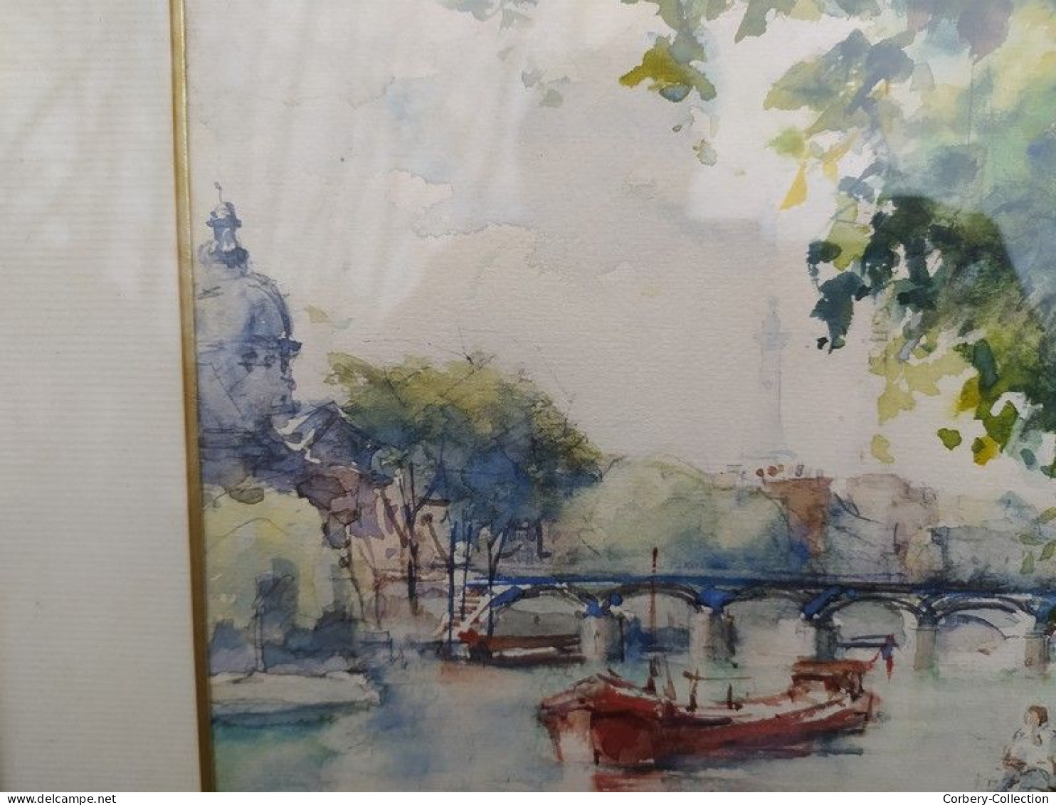 Tableau Aquarelle Paris Bord de Seine Animée ca1960