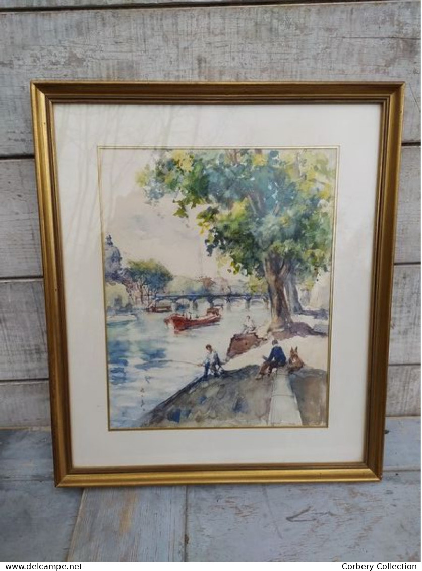 Tableau Aquarelle Paris Bord de Seine Animée ca1960