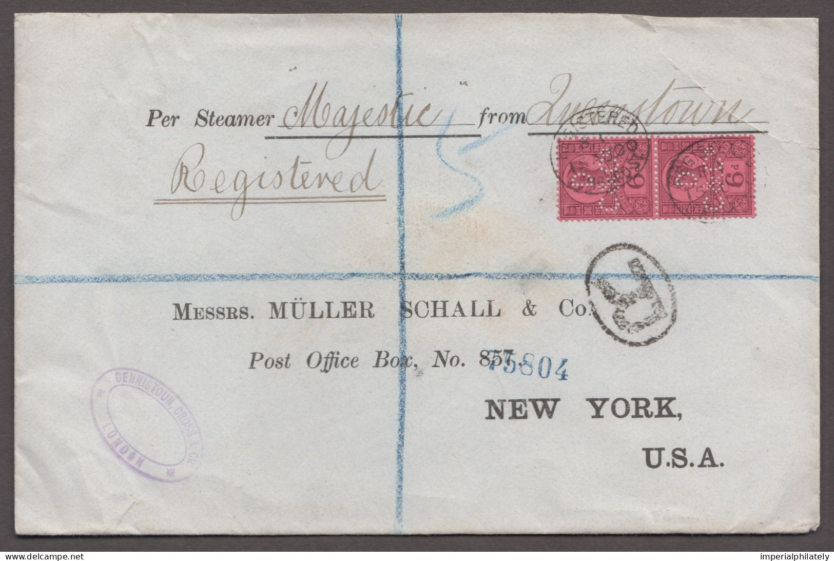 1900 (Aug 15) Envelope Sent Registered From London To The USA With 1887 6d Vertical Pair With "D C & Co" Perfins - Cartas & Documentos