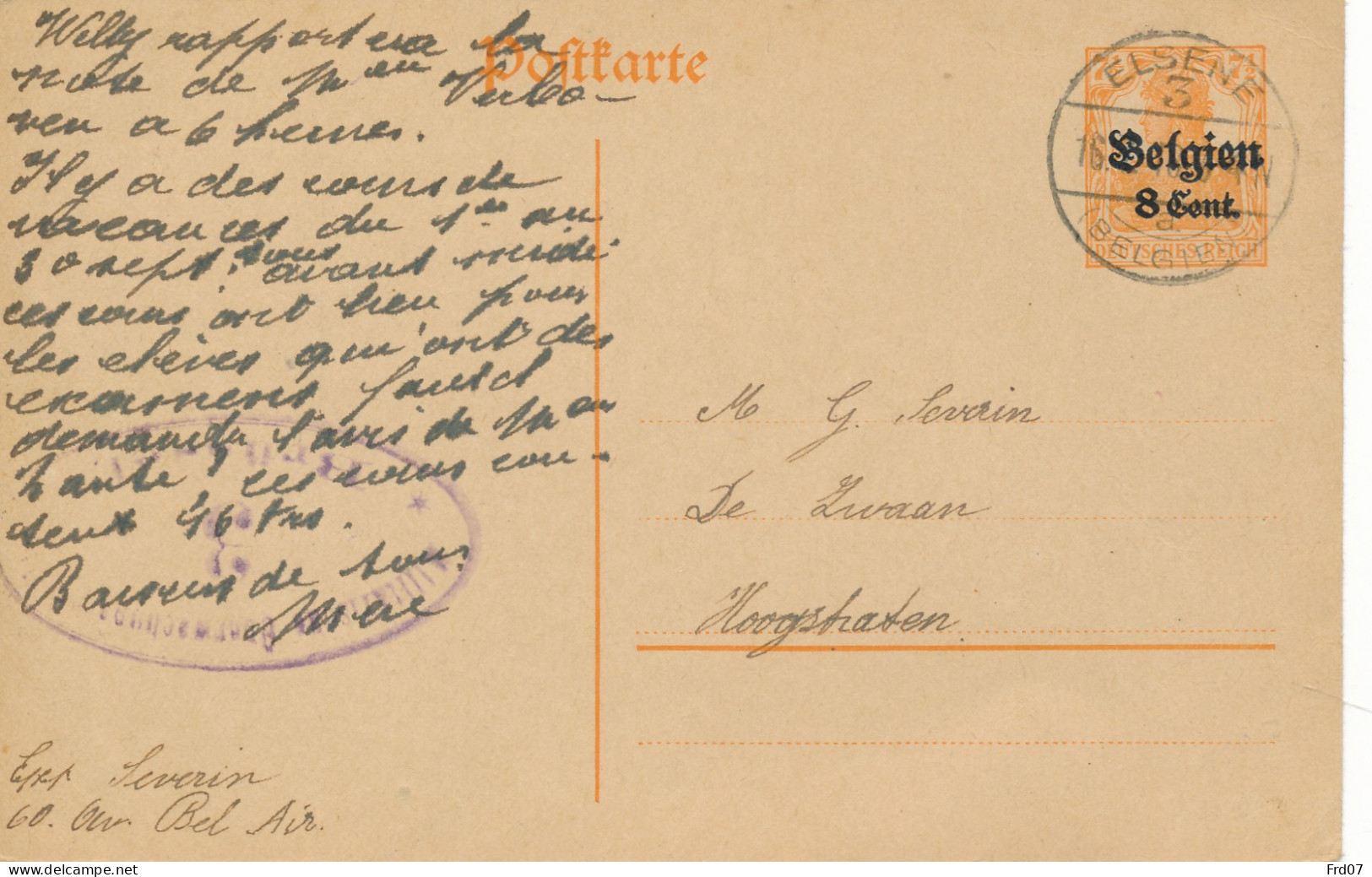 Entier N°10 - 8 Cent - Elsene 3 - 16.7.1918 Vers Hoogstraten – Censure Bruxelles - Ocupación Alemana
