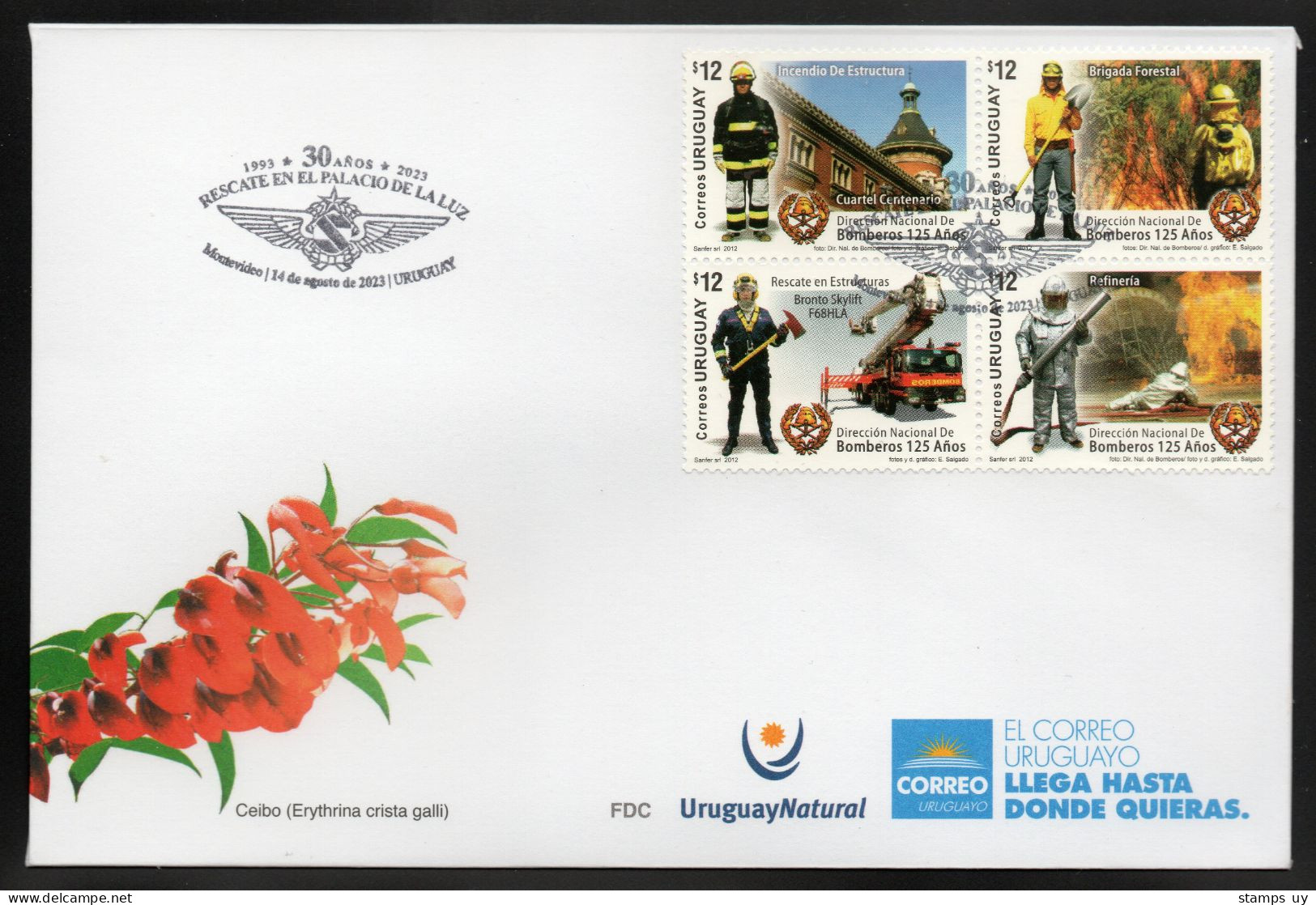 URUGUAY 2023 (Fireman, Air Force, Truck, Crane, Bronto Skylift, Refinery, Protection Suit) – Cover With Special Postmark - Camions