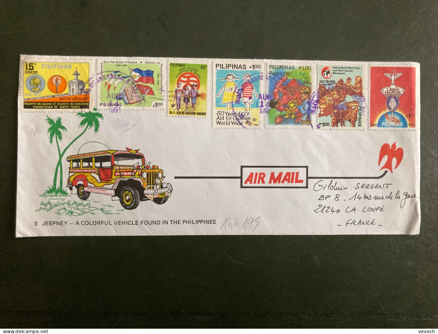 LETTRE Illustrée JEEPNEY Par Avion Pour La FRANCE TP LEGIO MARIAE P1.00 + RED CROSS P1.00 + PASKO P1.00 + CHILDREN P1.00 - Filipinas