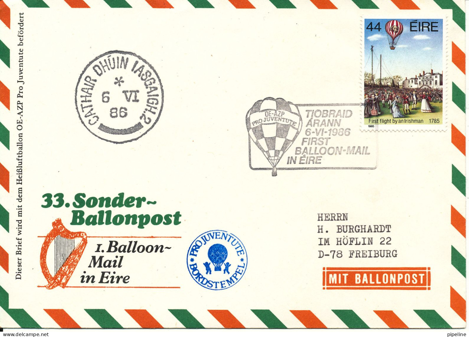 Ireland Air Mail Cover Balloon Mail Tiobraid Arann 6-6-1986 First Balloon Mail In Eire Sent To Germany - Airmail