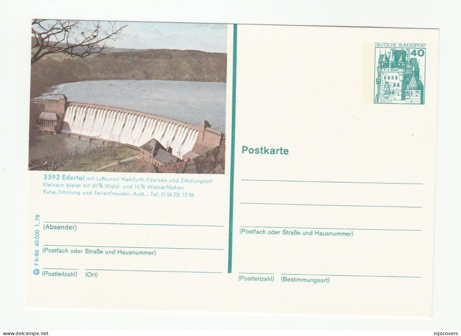 Edertal HYDROELECTRIC DAM Postal STATIONERY Card  1978 Germany Cover Electricity Energy Hydro Water - Water