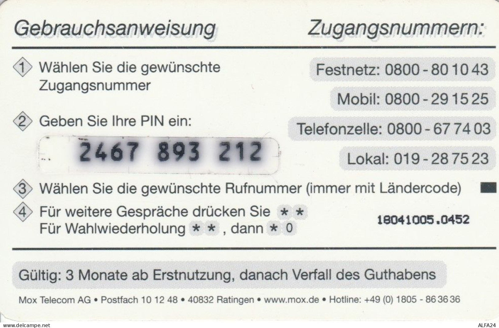 PREPAID PHONE CARD GERMANIA  (PM2203 - Cellulari, Carte Prepagate E Ricariche