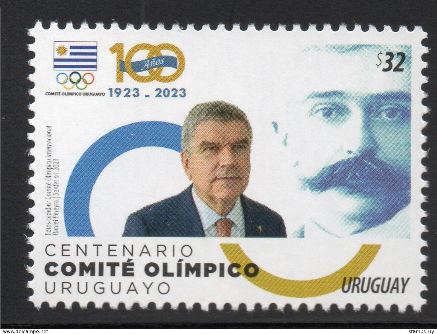 URUGUAY 2023 (Sports, Olympic Games, Uruguayan Olympic Committee, Pierre De Coubertin, Thomas Bach, Fencing) - 1 Stamp - Escrime