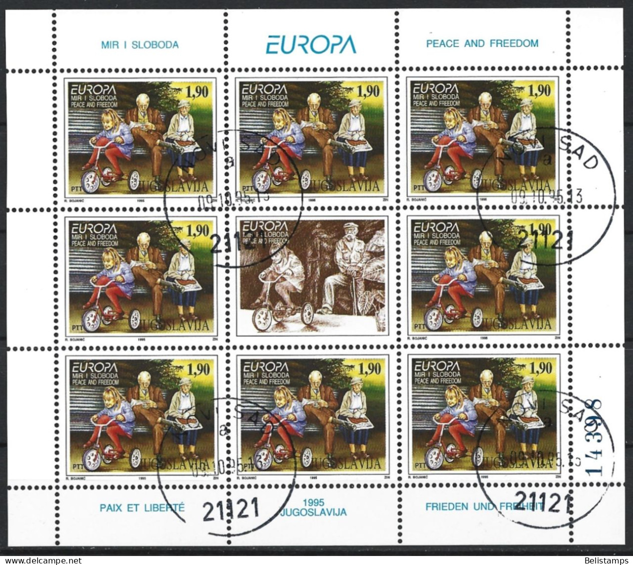 Yugoslavia 1995. Scott #2294 (U) Europa, Girl On Tricycle, Elderly Man, Woman On Park Bench - Oblitérés