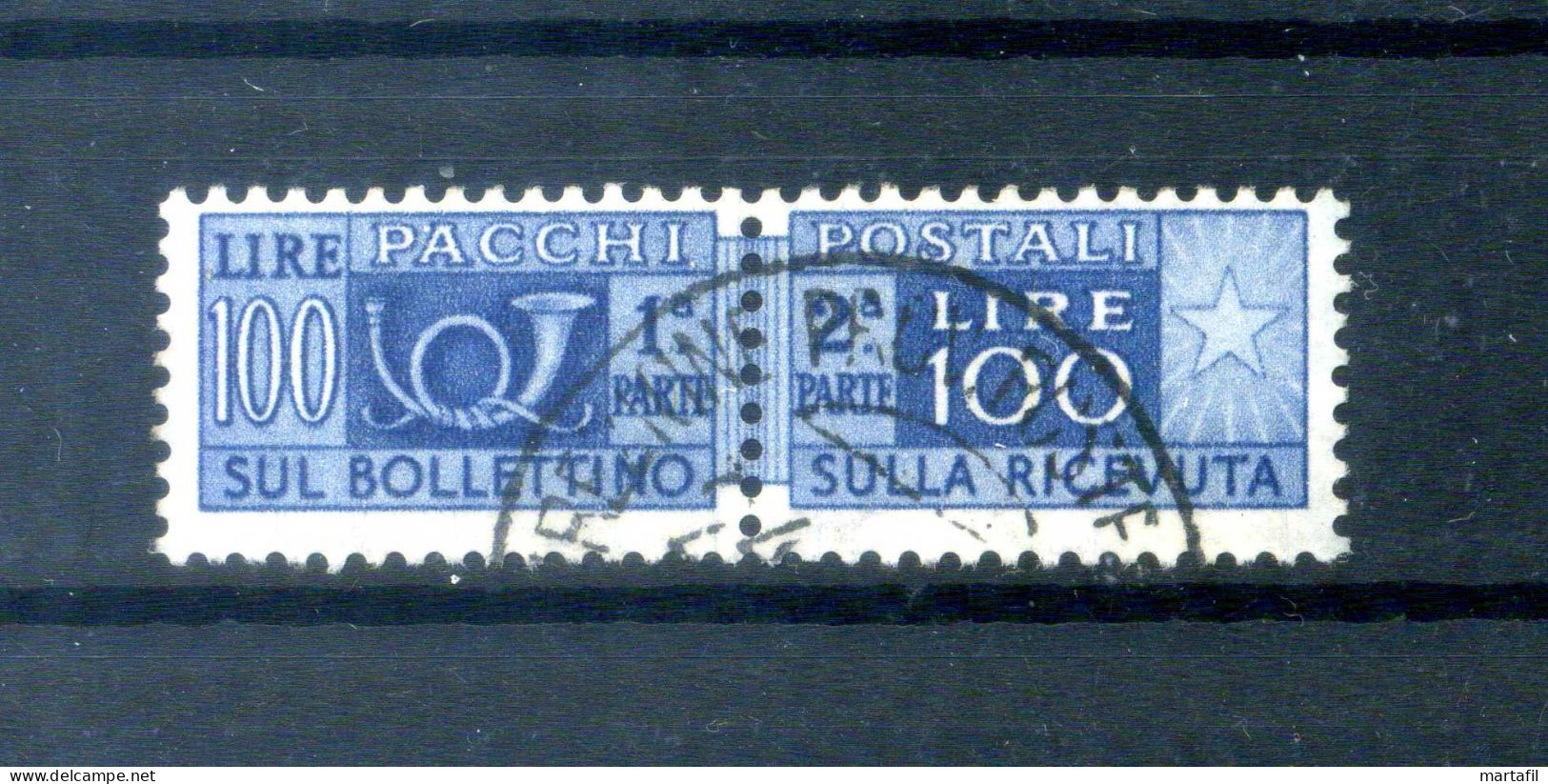 1946-51 Repubblica Italia PACCHI POSTALI N.77 100 Lire USATO, Azzurro, Filigrana Ruota - Paketmarken