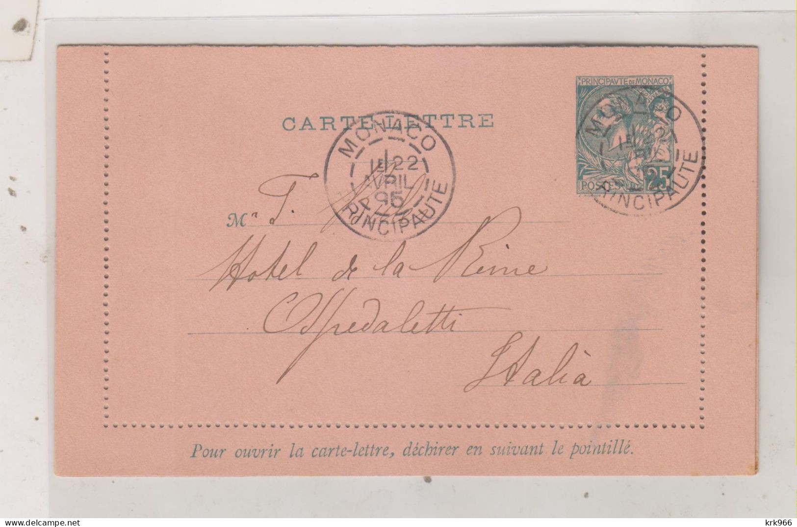 MONACO 1895 Postal Stationery To Italy - Entiers Postaux