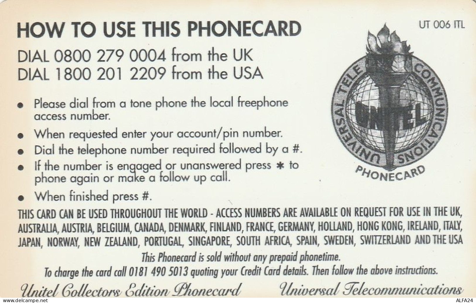 PREPAID PHONE CARD REGNO UNITO UNITEL (CV355 - BT Kaarten Voor Hele Wereld (Vooraf Betaald)