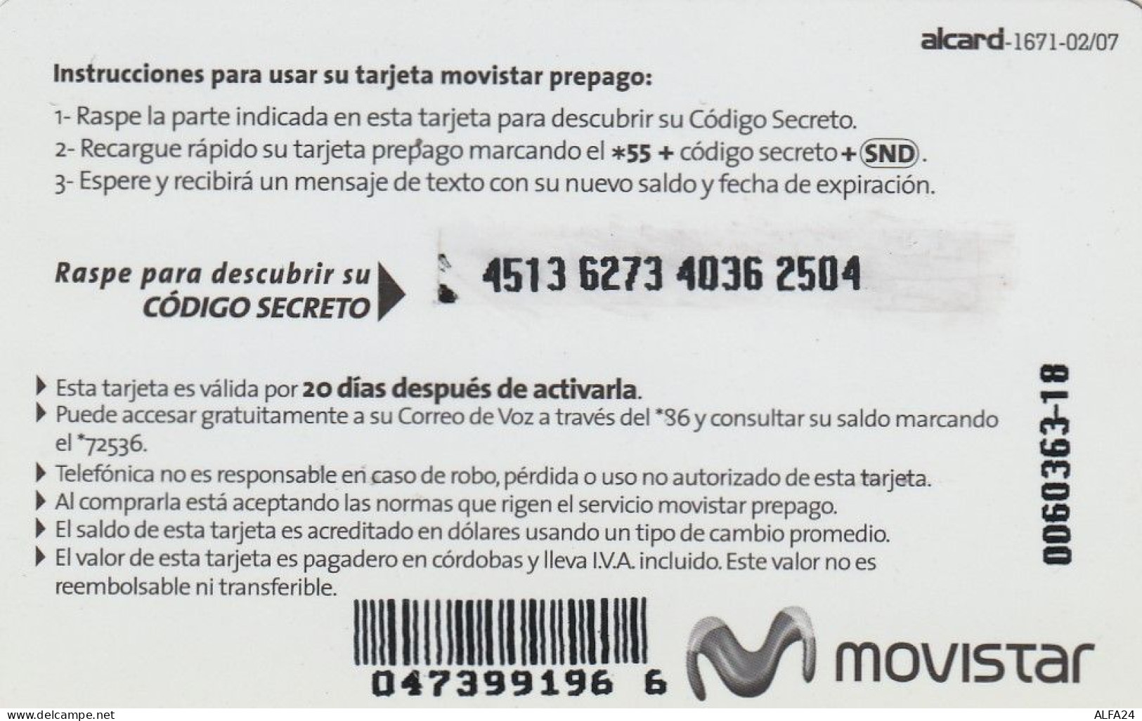 PREPAID PHONE CARD NICARAGUA  (CV325 - Nicaragua