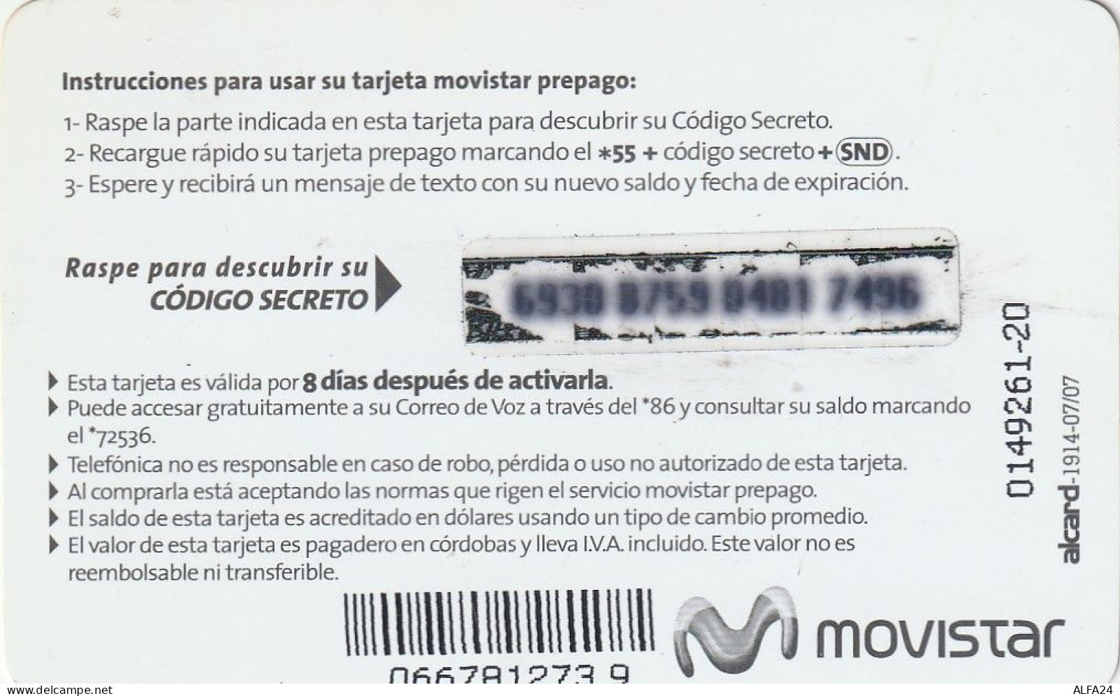 PREPAID PHONE CARD NICARAGUA  (CV319 - Nicaragua