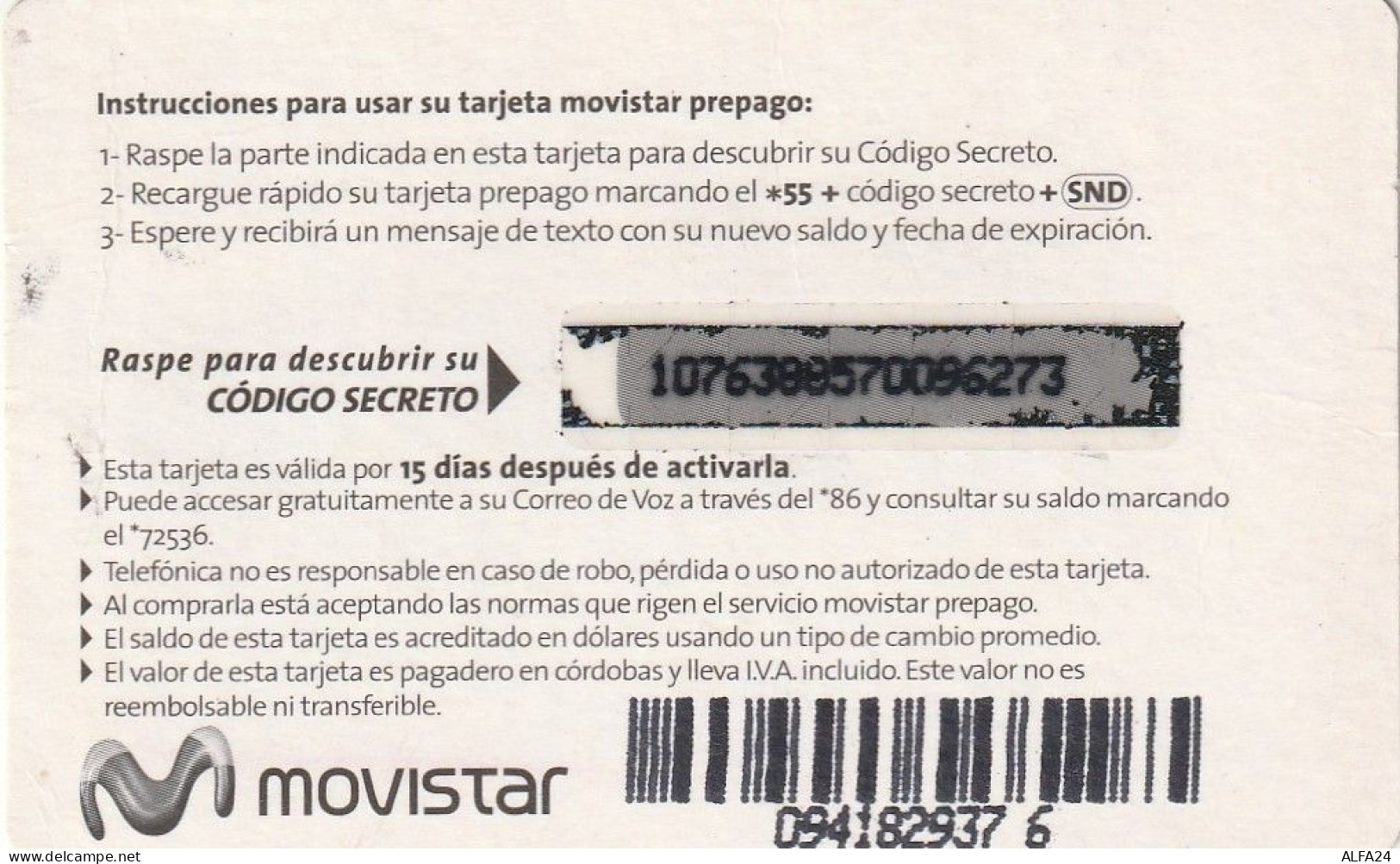 PREPAID PHONE CARD NICARAGUA  (CV315 - Nicaragua
