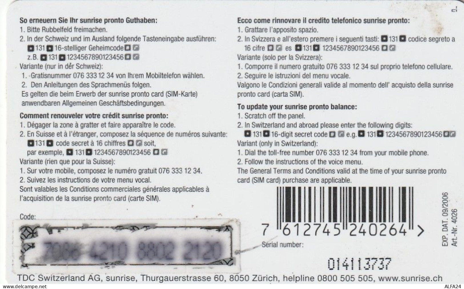 PREPAID PHONE CARD SVIZZERA  (CV664 - Suisse