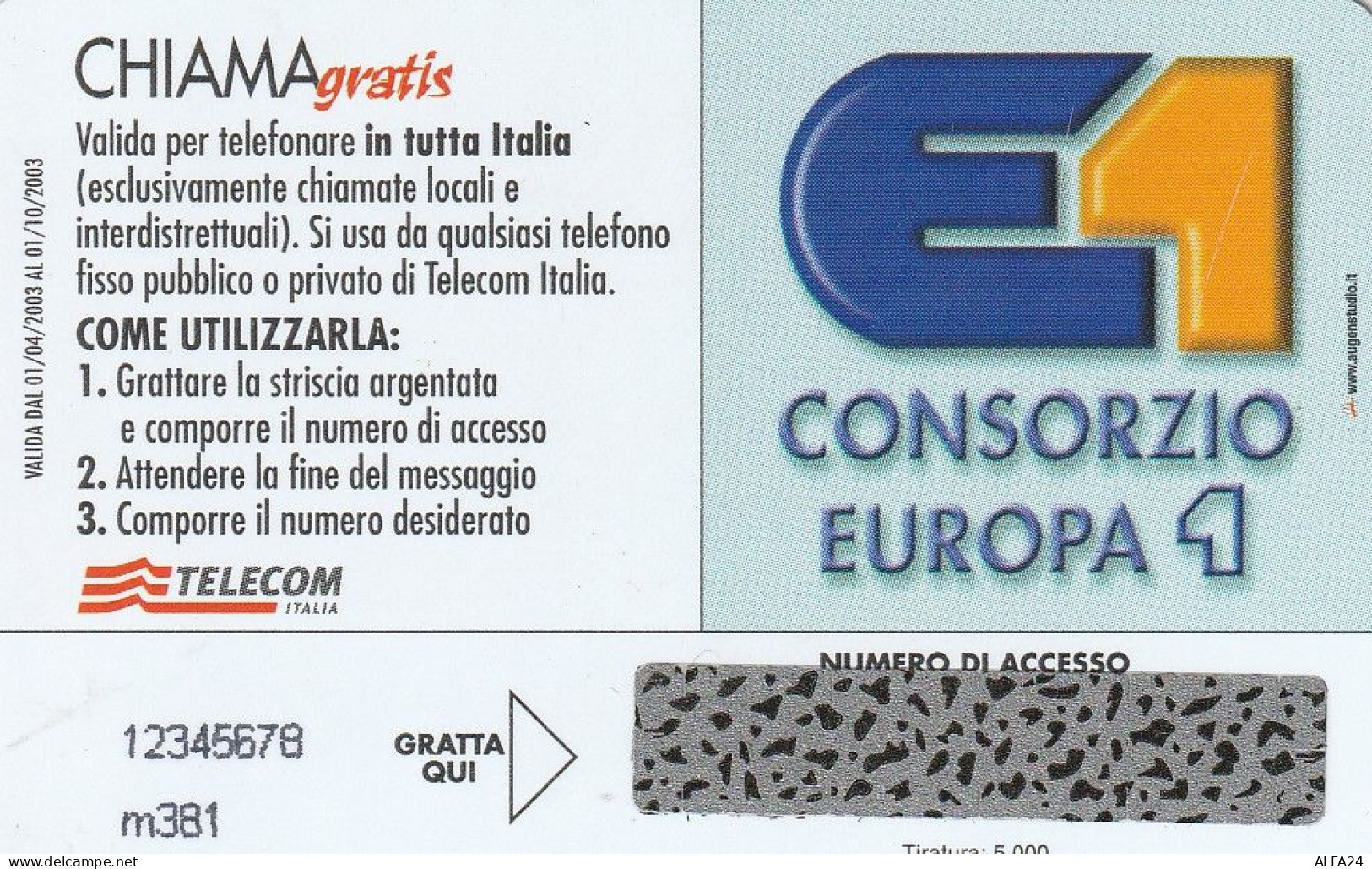 CHIAMAGRATIS MASTER/PROTOTIPO 590 CONSORZIO EUROPA1  (CV1865 - Private-Omaggi