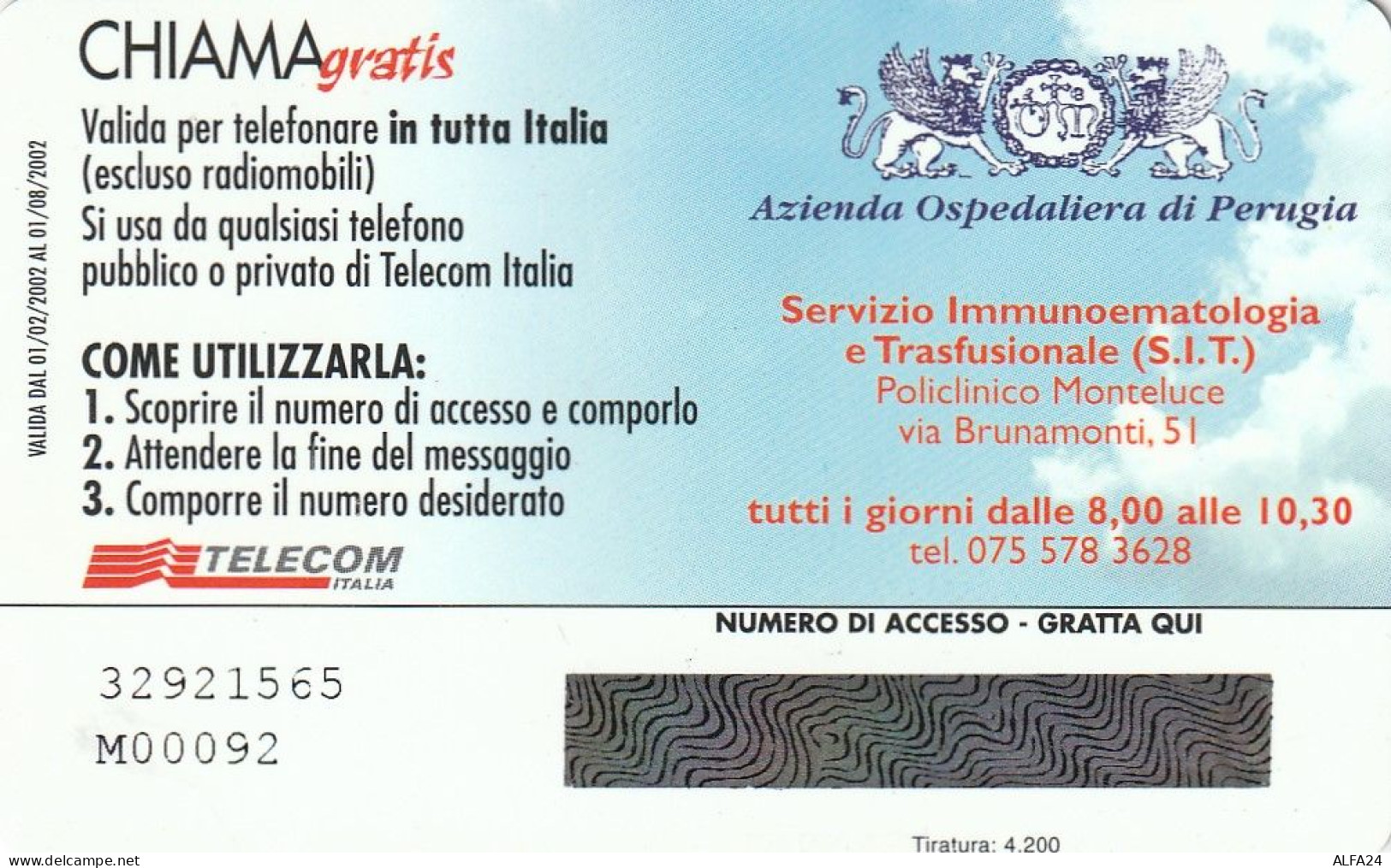 CHIAMAGRATIS MASTER/PROTOTIPO 242 AZ OSPED PERUGIA  (CV1733 - Private-Omaggi