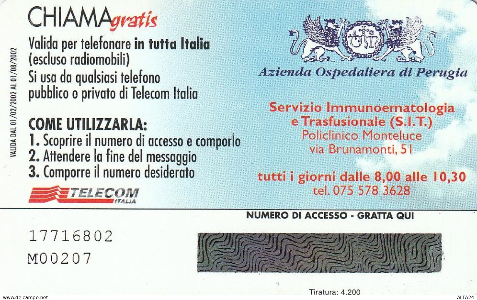 CHIAMAGRATIS MASTER/PROTOTIPO 245 AZ OSPED PERUGIA  (CV1731 - Private-Omaggi