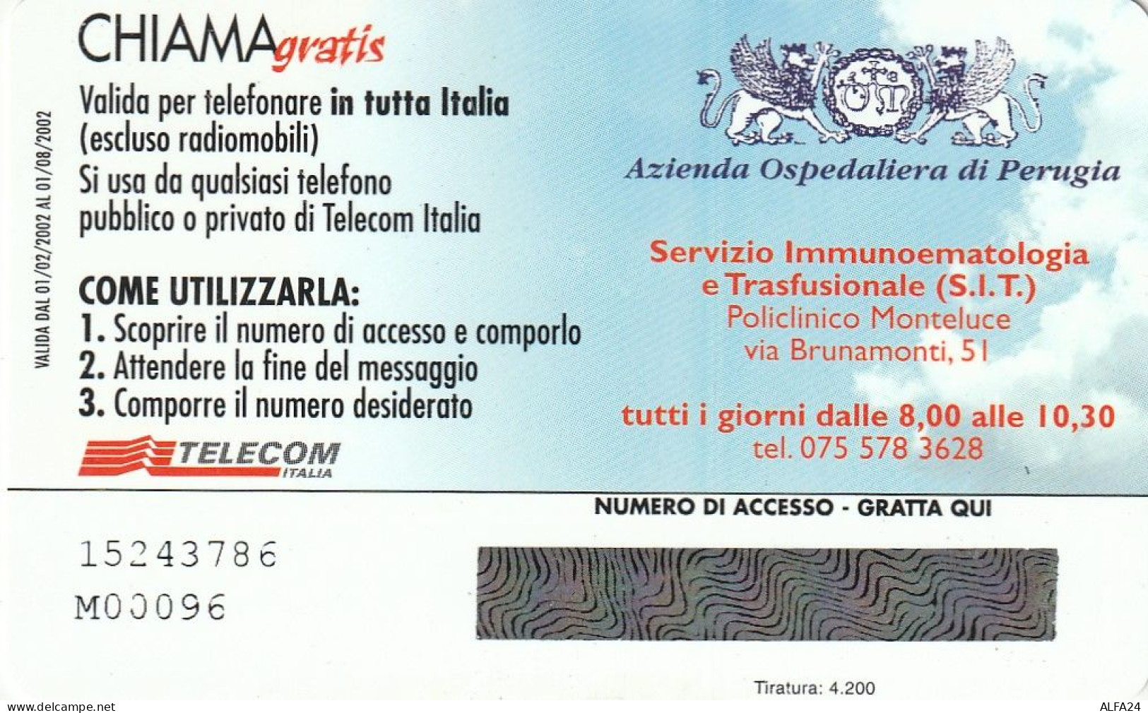 CHIAMAGRATIS MASTER/PROTOTIPO 243 AZ OSPED PERUGIA  (CV1730 - Private-Omaggi