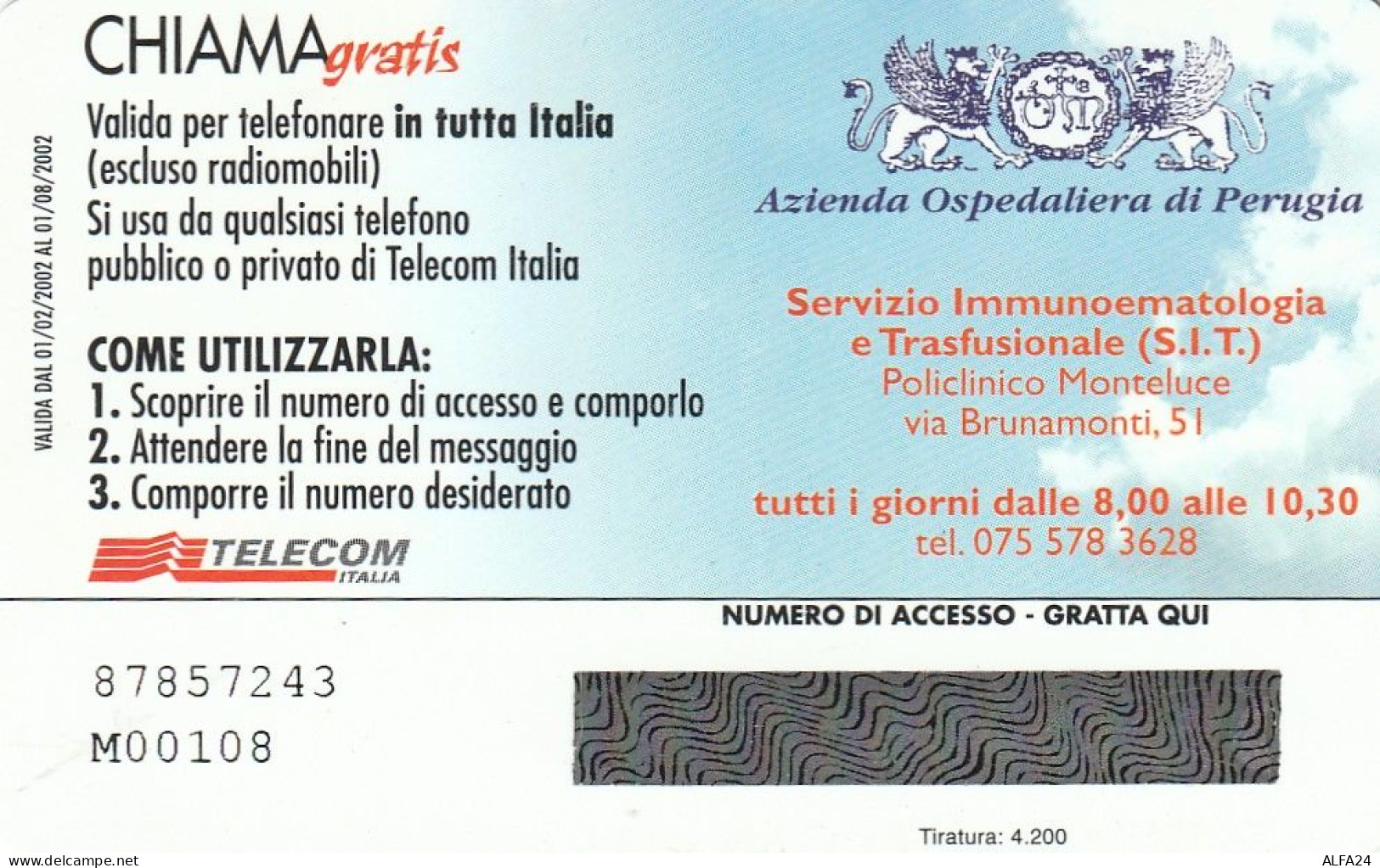 CHIAMAGRATIS MASTER/PROTOTIPO 241 AZ OSPED PERUGIA  (CV1729 - Private-Omaggi